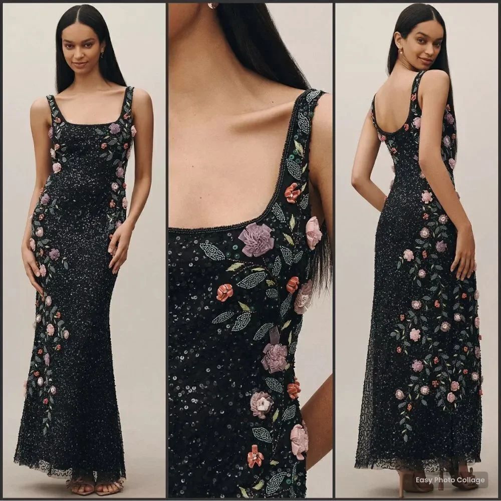 Mac Duggal 9340 Black Floral Beaded Mesh Scoop Neck Sleeveless Gown Dress